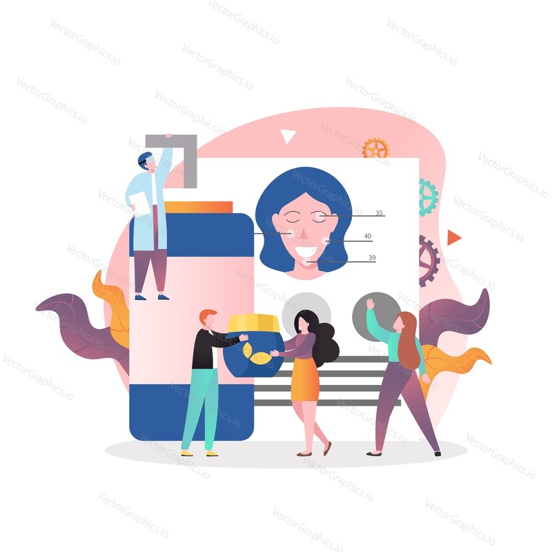Micro male and female characters beauty specialists providing cosmetic facial treatment for woman face, vector illustration. Cosmetology, facial deep cleansing concept for web banner, website page etc