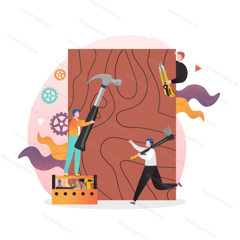 Professional carpenters team using woodworking tools hammer, axe and utility knife, vector illustration. Carpentry handyman services concept for web banner, website page etc.