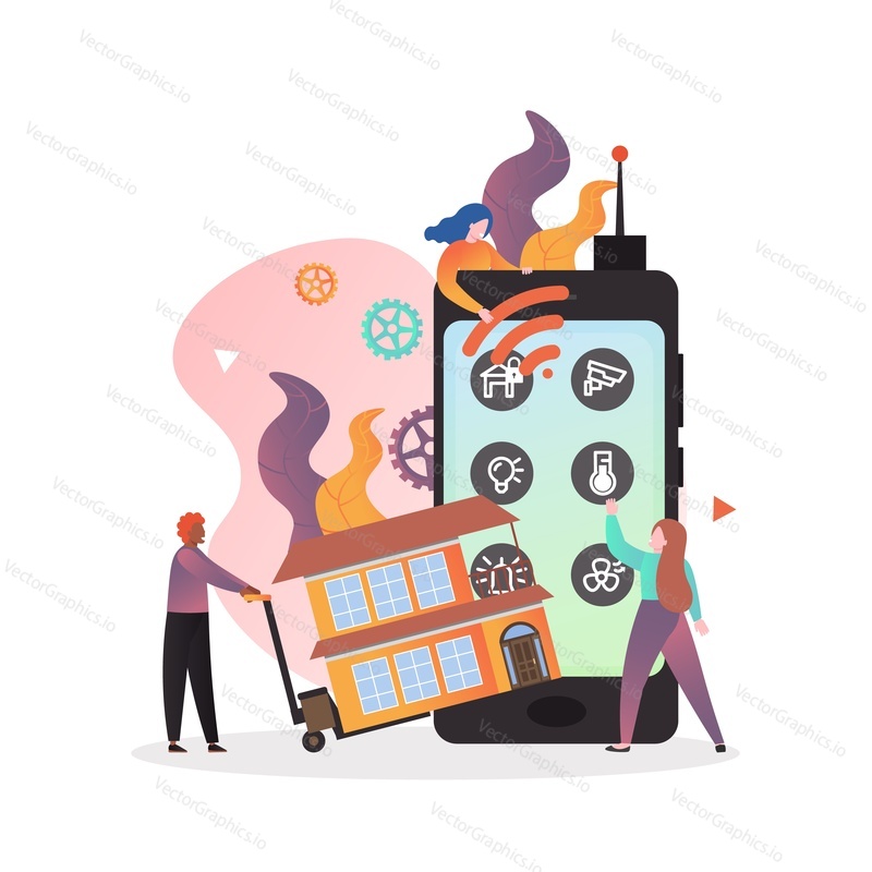 Smart home remote control and monitoring system using smartphone, vector illustration. Wireless home automation technologies concept for web banner, website page etc.