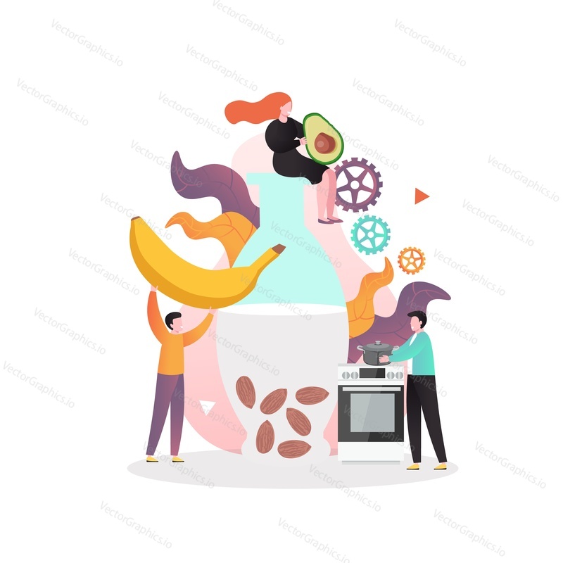 Huge bottle of organic and healthy soaked almonds, micro male and female characters with banana, avocado, vector illustration. Healthy vegan nutrition diet concept for web banner, website page etc.