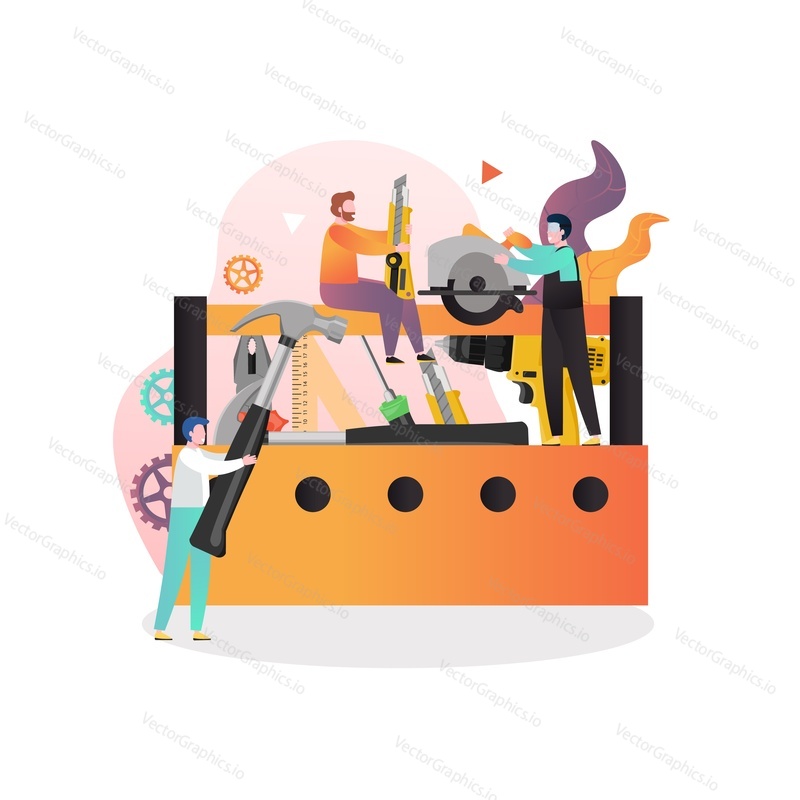 Huge carpentry hand instruments in toolbox and micro male characters woodworker repairman carpenter. Construction, house repair and home renovation concept for web banner, website page etc.