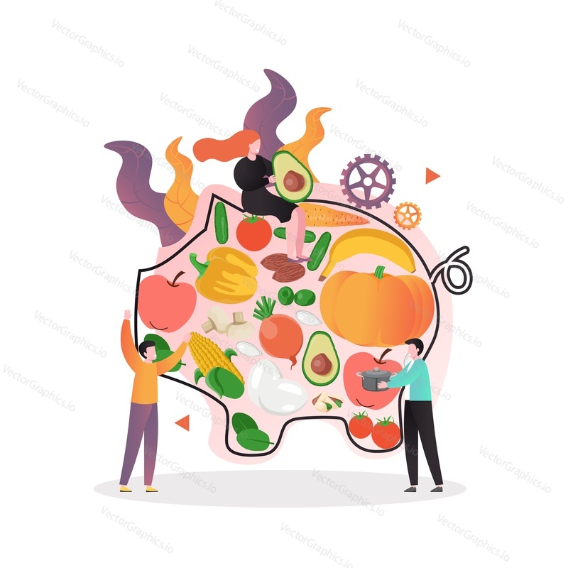 Micro male and female characters with summer fruits and vegetables, vector illustration. Vegetarian composition for vegan shop, restaurant menu, dieting program etc.