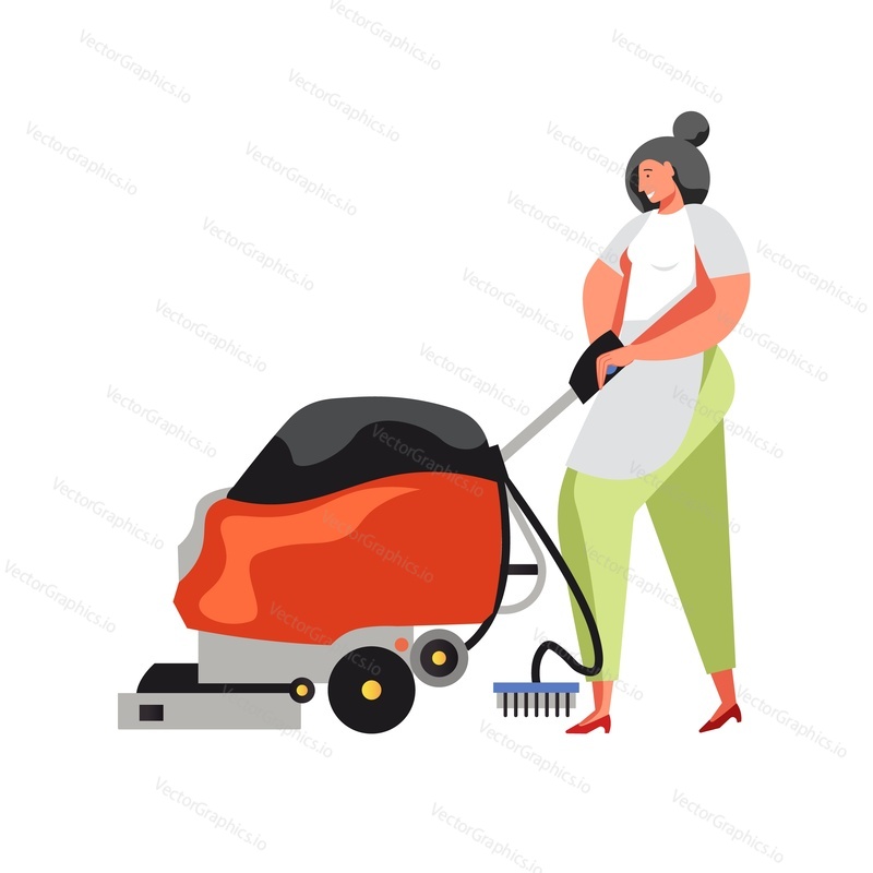 Woman cleaning supermarket or shopping mall floor using cleaning scrubber machine, vector flat illustration isolated on white background. Professional commercial janitorial services.