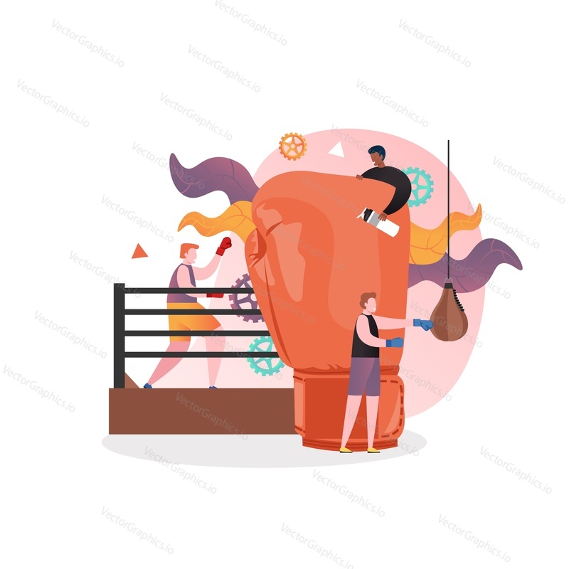 Obrovské boxerské rukavice a mikro znaky boxeři bít boxovací pytel, box v ringu, vektorové ilustrace. Sportovní trénink boxu, složení turnaje pro webový banner, webovou stránku atd.