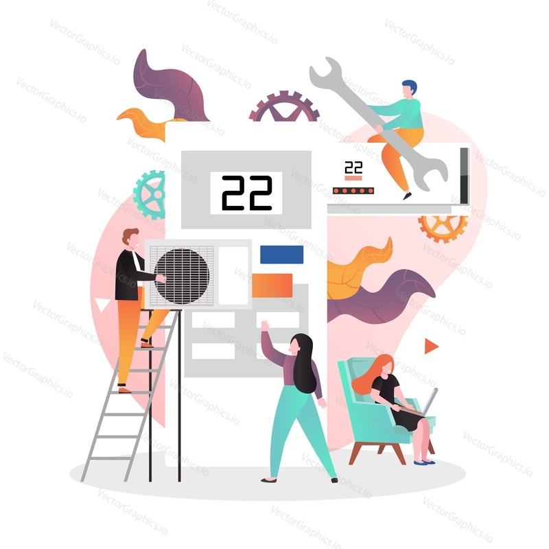 Huge air conditioner and remote control, micro characters air-conditioning repairs and maintenance crew, vector illustration. Air conditioning services and maintenance composition for website page etc