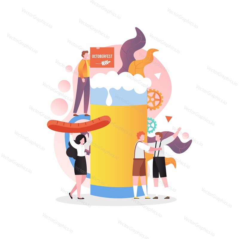 Obrovský hrnek na pivo, mikro mužské postavy se baví, žena drží velkou klobásu, vektorová ilustrace. Složení oslav Oktoberfestu pro webový banner, webová stránka atd.