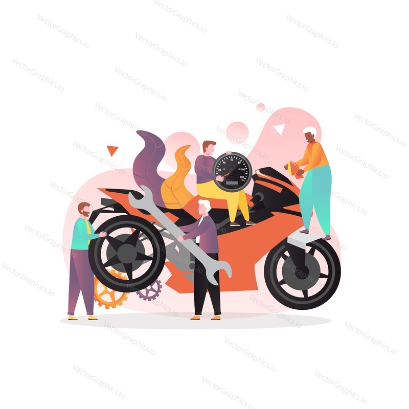 Huge motorbike and micro male characters holding huge wrench, speedometer, mirror, vector illustration. Motorcycle service, repair and maintenance garage composition for web banner, website page etc.