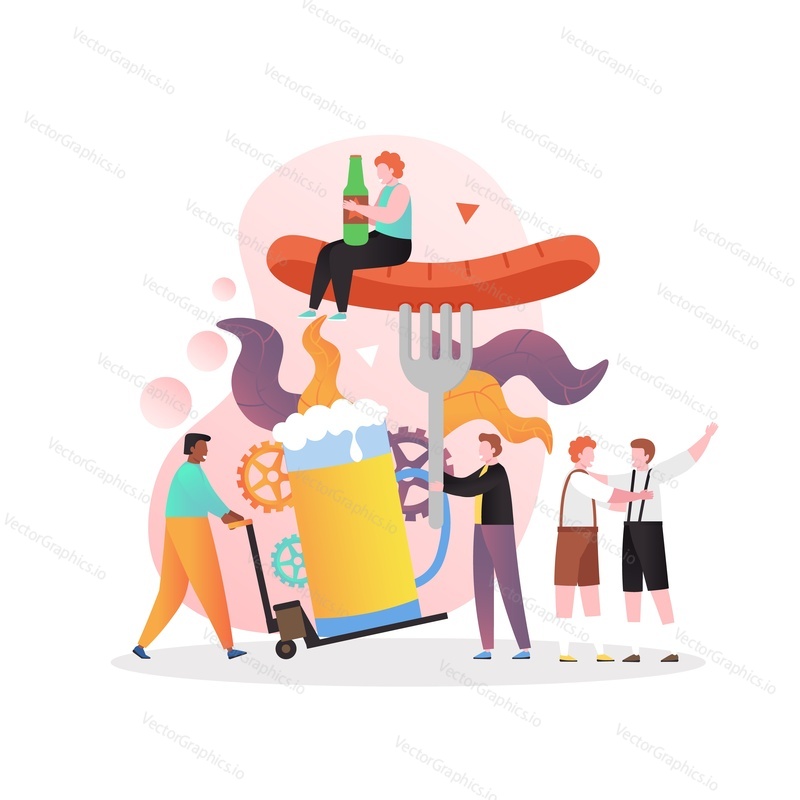 Mikro mužské postavy sedící na obrovské klobáse, tlačí vozík s hrnkem na pivo, mluví k sobě a baví se, vektorová ilustrace. Složení oslav Oktoberfestu pro webový banner, webová stránka.