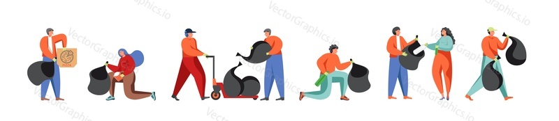 Man and woman garbage collector, janitor, sweeper, cleaner, volunteer collecting and sorting waste for recycling. Garbage collection and street cleaning, safe and healthy environment in the street.