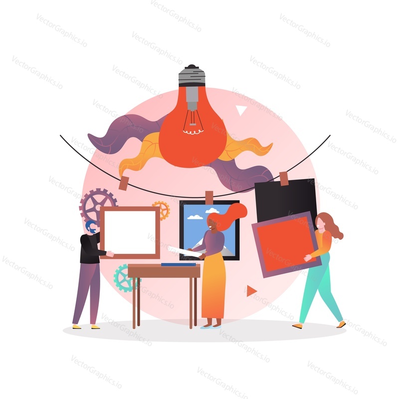 Micro people photographers creating huge film photographs, vector illustration. Film photo printing services concept for web banner, website page etc.