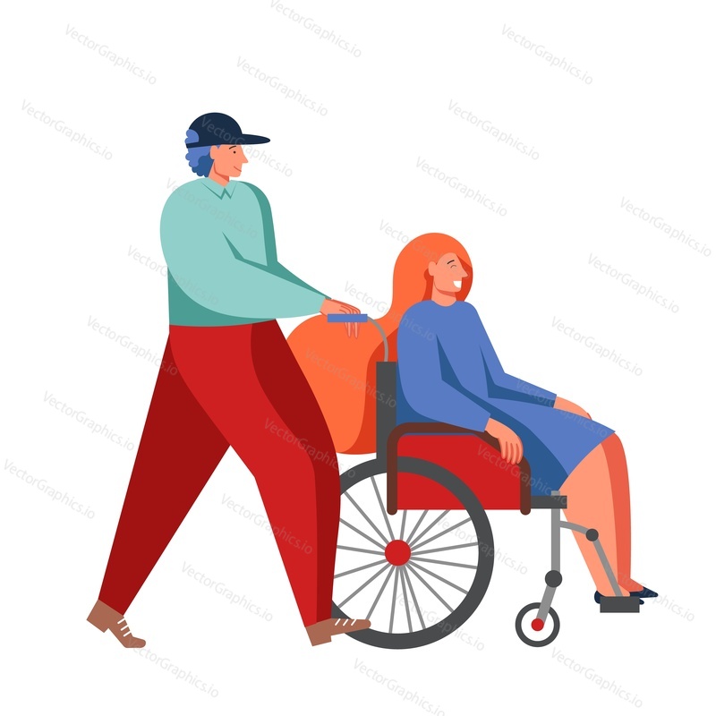 Young man pushing wheelchair or invalid carriage with disabled woman sitting in it. Medical assistance, social support, nursing home, help for people with disabilities.