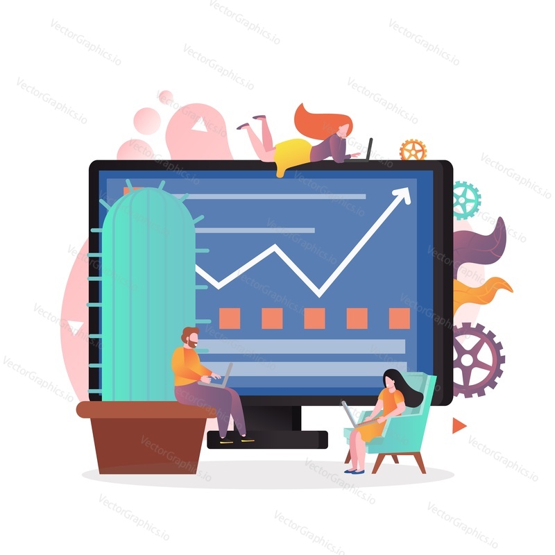 Micro characters working on laptops while sitting in armchair, on huge computer monitor and cactus pot, vector illustration. Freelance, remote work composition for web banner, website page etc.