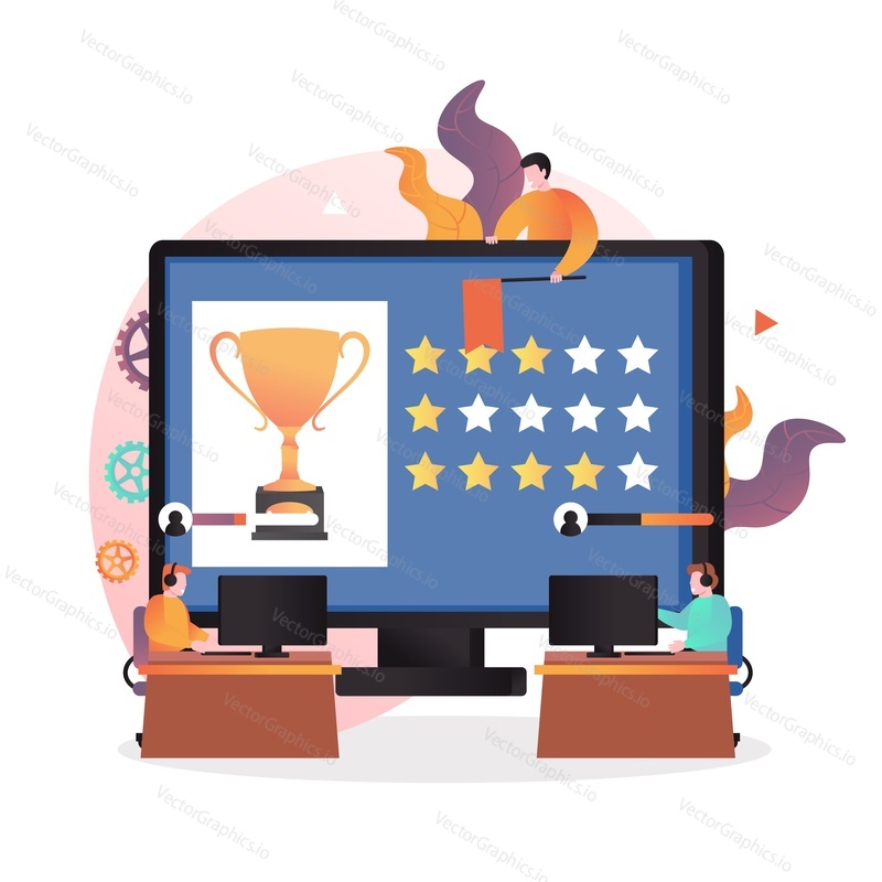 Huge desktop computer monitor with winner cup on screen, two micro pro players playing video game, vector illustration. Earn benefits, perks, surprises with online game rewards loyalty program.