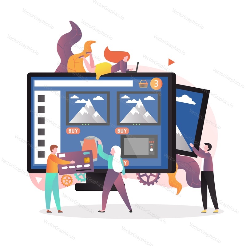 Kitchen and home appliances online sale, vector illustration. E-commerce concept, online shopping composition with micro characters buying household equipment tv sets, kettle from huge computer store.