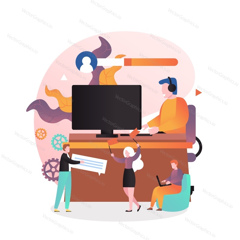 Young man pro gamer in headphones playing online video game on desktop computer, vector illustration. E-sports tournament, cyber sport, pc gaming concept for web banner, website page etc.