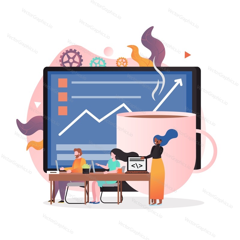 Huge computer monitor and cup of coffee, micro characters working on laptops while sitting at table, vector illustration. Freelance, coworking space composition for web banner, website page etc.