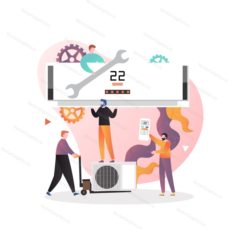 Micro characters air-conditioning technicians installing huge air conditioner, vector illustration. Air conditioning installation and maintenance composition for web banner, website page etc.