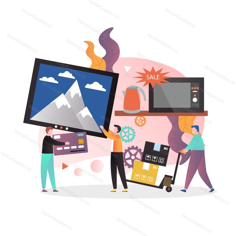 Home and kitchen appliances offers, discounts, vector illustration. Household equipment sale concept with micro characters shop assistant, man buying huge tv set using credit card.