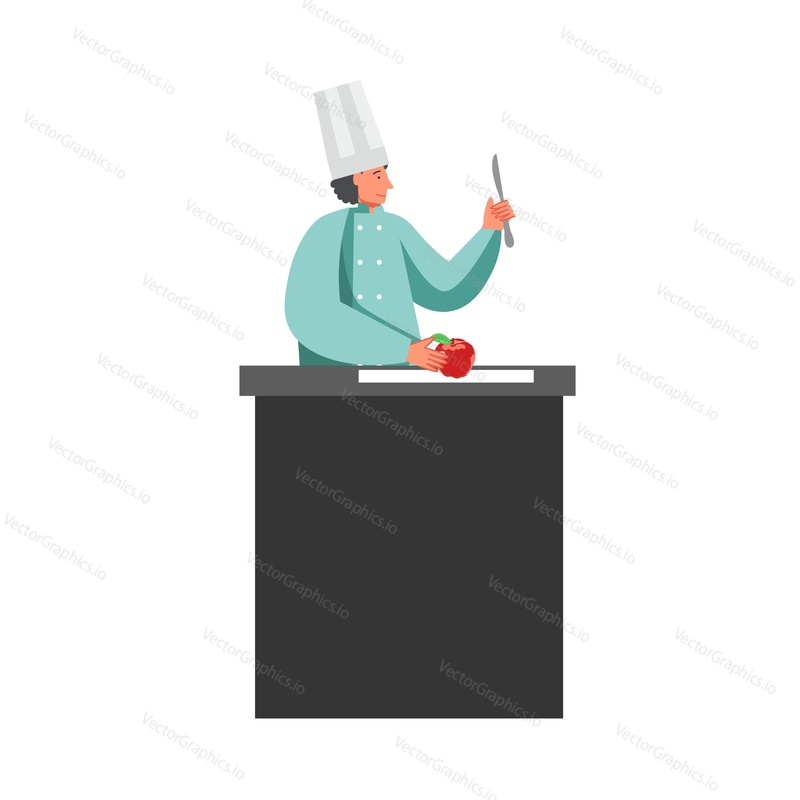 Man chef cook holding knife and red apple, vector flat illustration isolated on white background. Restaurant worker in uniform cooking.