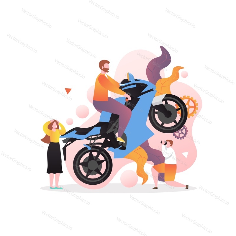 Fotograf muž fotografování motocyklu skok, vektorové ilustrace. Motokros, motocyklová show nebo festivalová kompozice pro webový banner, webovou stránku atd.
