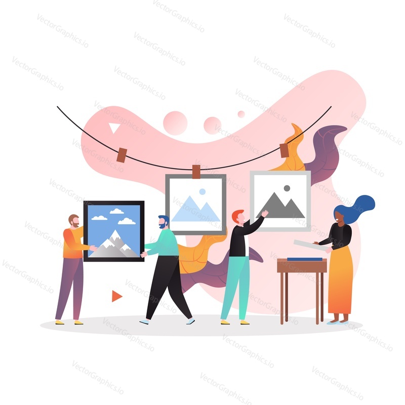 Micro photographers hanging up huge film photos to dry on rope, vector illustration. Film photo printing services concept for web banner, website page etc.