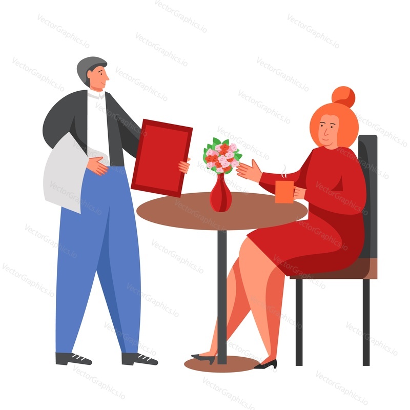 Restaurant waiter giving menu to woman sitting at table with cup of coffee, vector flat illustration isolated on white background. Restaurant catering business.