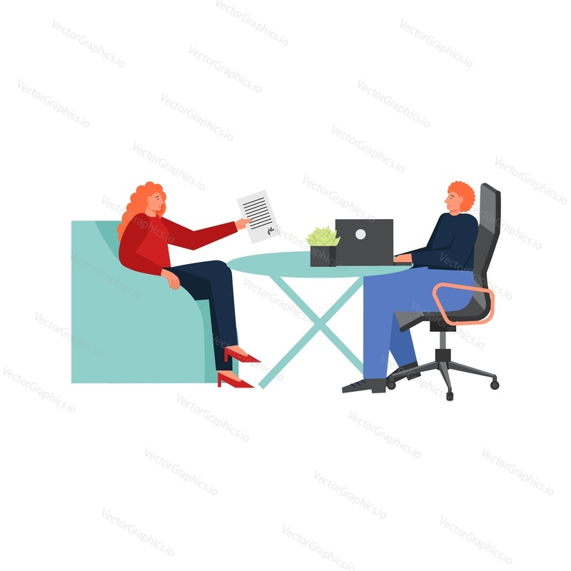 Bank manager consulting customer, vector flat style design illustration isolated on white background. Banking services concept for web banner, website page etc.