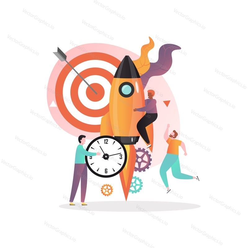 Raketový start, cíl, hodiny obchodní symboly a podnikatelé kreslené postavičky, vektorové ilustrace. Nový koncept procesu spouštění obchodních projektů pro webový banner, webovou stránku atd.