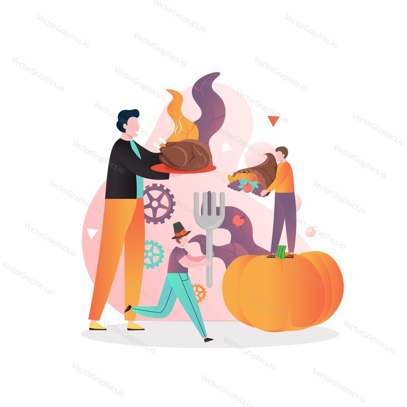 Cartoon male characters holding plate with traditional roasted turkey, cornucopia with pumpkin, grapes, apple and characters, vector illustration. Happy Thanksgiving Day concept for website page etc.