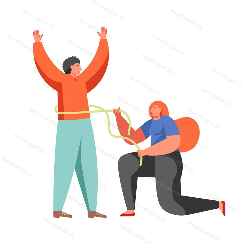 Seamstress, custom dressmaker taking young man measurement, vector flat illustration isolated on white background. Atelier, tailoring shop, fashion salon, clothing industry.