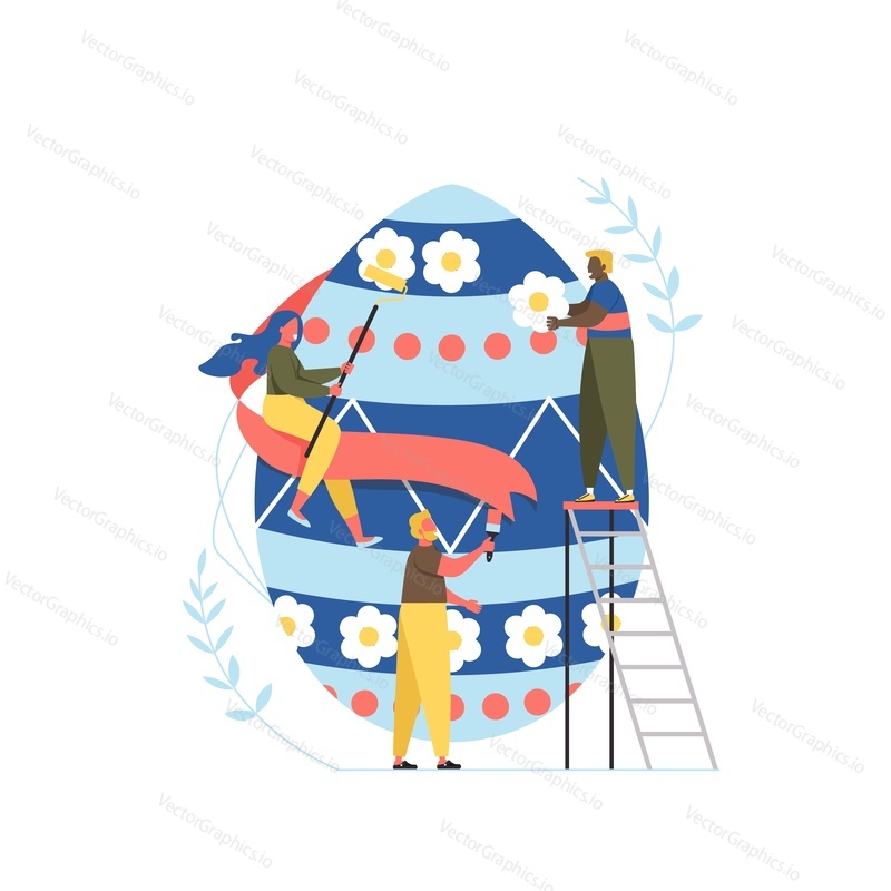 Happy Easter holiday. Family paint colorful easter egg and prepare for celebration. Vector illustration on white background.