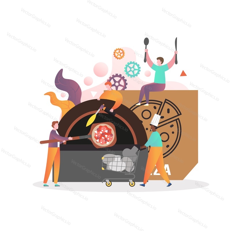 Mikro mužské postavy profesionální restaurace vaří pizzu v tradičním kamnech na pizzu na dřevo, vektorové ilustrace. Pizzerie, restaurace rychlého občerstvení obchodní složení pro webovou stránku atd.