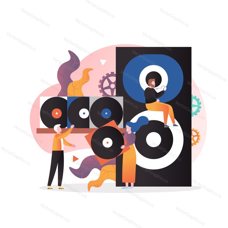Obrovský reproduktor, staré vinylové LP desky a mikro postavy poslouchající hudbu, výběr vinylových desek, vektorová ilustrace. Vintage hudební koncept pro web banner webové stránky atd.