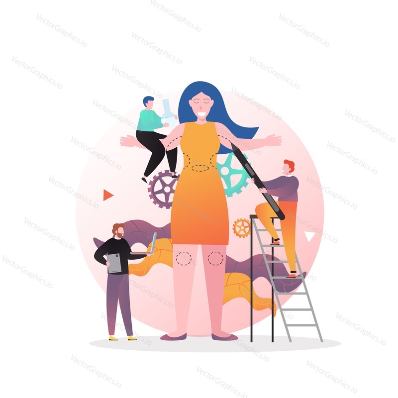Micro plastic surgeons doing pencil marks on huge woman body, vector illustration. Plastic surgery, body contouring treatment, correction concept for web banner, website page etc.