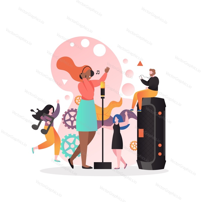 Mikro mužské a ženské postavy tančí a poslouchají píseň dívky zpívající s mikrofonem, vektorová ilustrace. Restaurace zpěvák, živá hudba koncert.