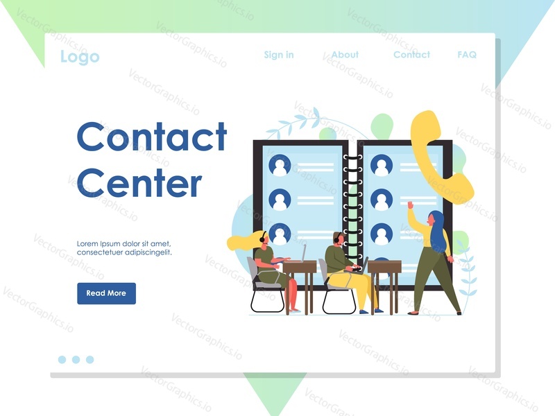 Kontaktní centrum vektorová webová šablona, webová stránka a design vstupní stránky pro vývoj webových stránek a mobilních stránek. Telefonní služba Helpline, call centrum, e-mail zákazníka, chat, služby hlasové podpory.