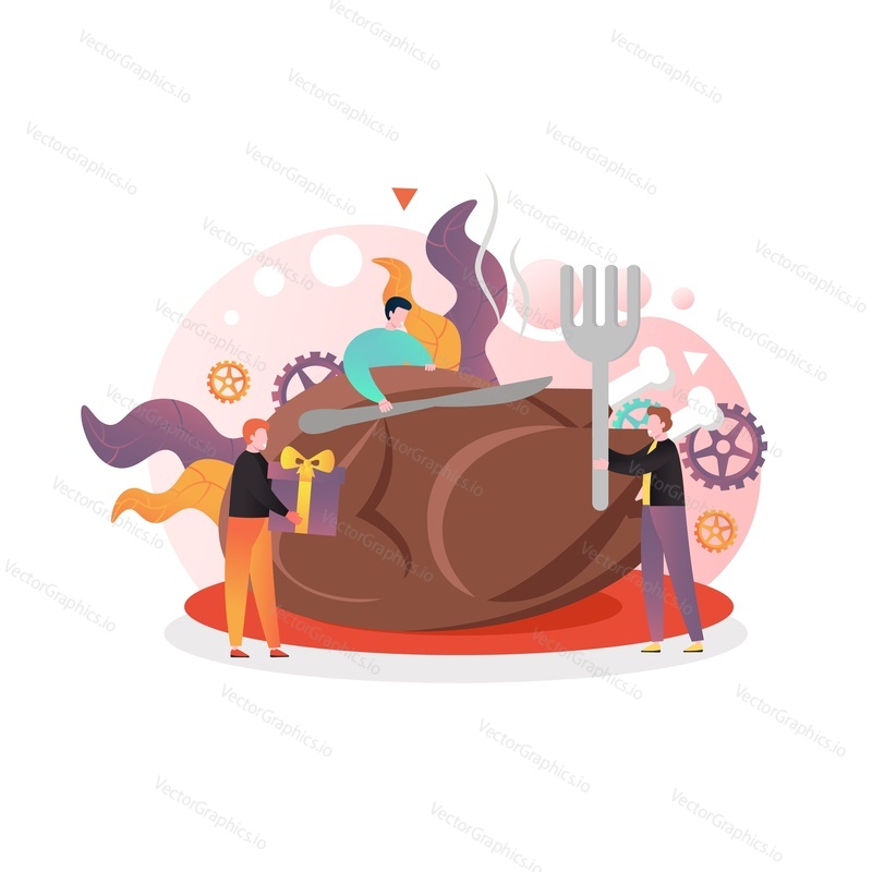 Huge roasted turkey and happy micro characters with gift box, fork and knife, vector illustration. Thanksgiving Day celebration concept for web banner, website page etc.