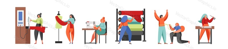 Švadlena módní návrhářka švadlena kreslené postavičky pracující v krejčovství obchodě pomocí šicí stroj měřicí páska dummy vector ploché izolované ilustrace. Šicí studio, oděvní továrna, ateliér