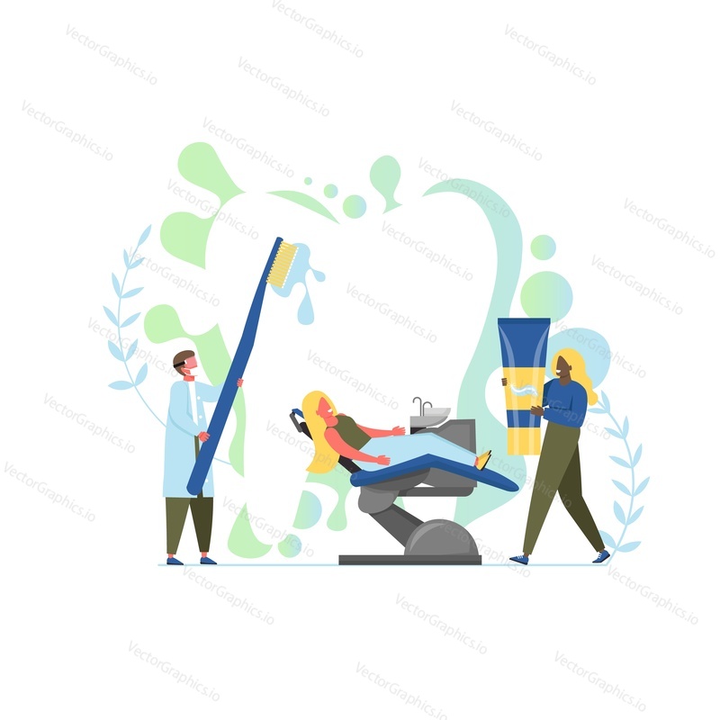 Profesionální zubní péče, vektorová plochá ilustrace. Velký zub a malá pacientka v zubařském křesle, lékařka se zubním kartáčkem a asistentka se zubní pastou. Péče o zuby, koncept bělení zubů.