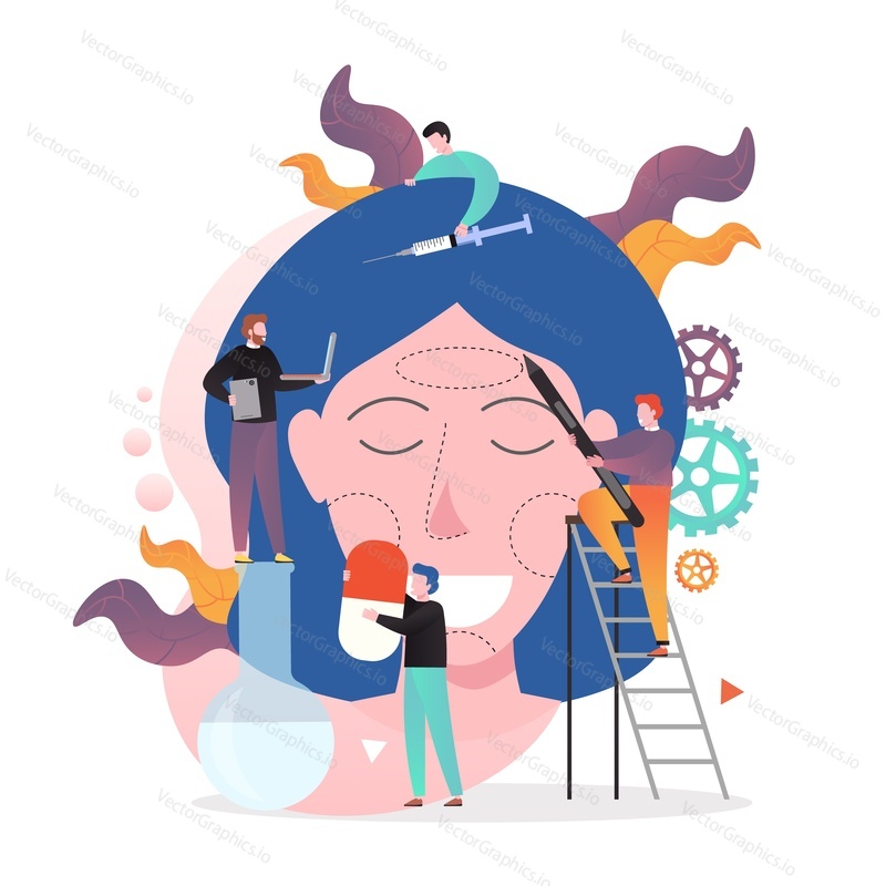 Huge woman face and micro male characters doctors surgeons doing facial sculpting, vector illustration. Surgical cosmetic procedure, facial contouring, plastic surgery concept for website page etc.