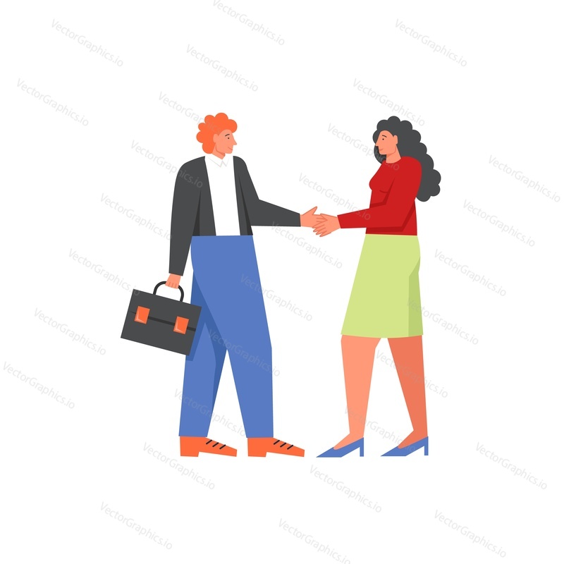 Bank manager and customer shaking hands, vector flat style design illustration isolated on white background. Banking services, business meeting agreement concept for web banner, website page etc.