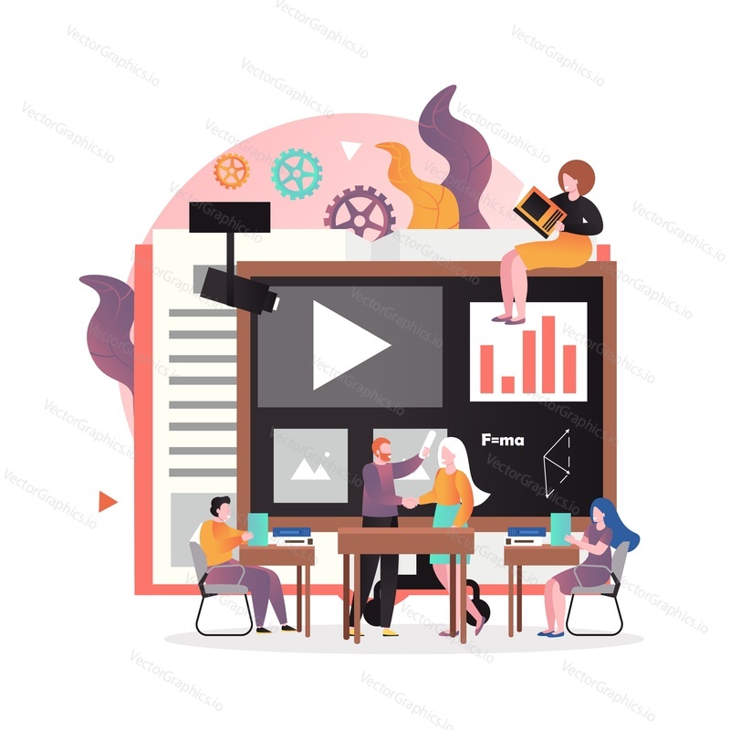 Huge interactive board and micro characters studying physics with teacher in digital classroom, vector illustration. Physics tutoring course or class, school lesson, smart education technology concept