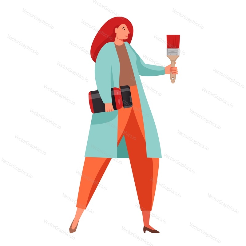 Woman professional interior designer with paint bottle and paintbrush, vector flat illustration isolated on white background. Home apartment repair remodeling renovation services.