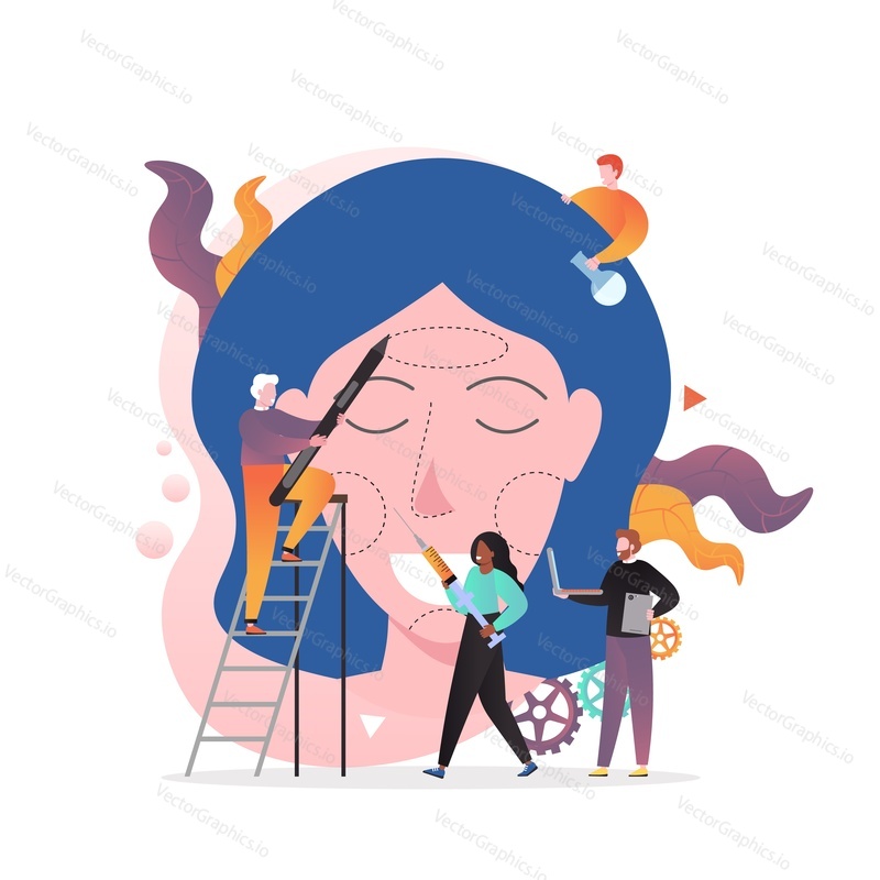 Huge woman face and micro male and female characters doing facial contouring using pen and syringe, vector illustration. Facial correction, face filler, plastic cosmetic surgery composition.