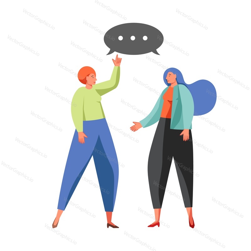 Political talk, dispute between two women cartoon characters, vector flat illustration isolated on white background. Policy dialog, discussing politics, election campaign, political conversation.