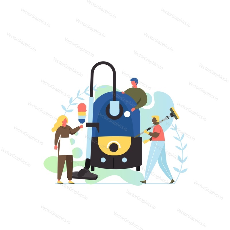 Úklidové služby společnosti vector flat style design ilustrace. Jarní úklid domu koncept s velkým vysavačem a drobné znaky pro web banner, webové stránky atd.
