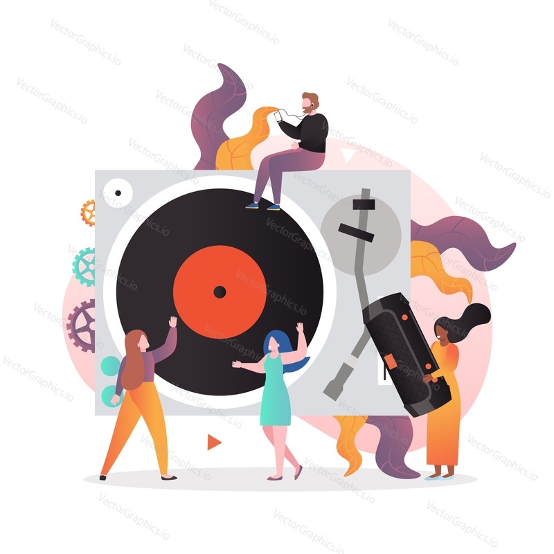 Obrovský vintage gramofon s vinylovou deskou a mikro mužskými a ženskými postavami, které poslouchají starou retro hudbu a tanec, vektorová ilustrace. Starověký koncept hudební techniky pro webový banner, webová stránka.