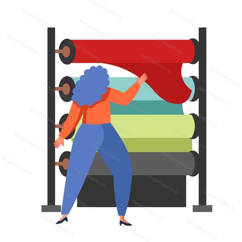 Designer, dressmaker, seamstress trying different types of fabric choosing textile for clothes, vector flat isolated illustration. Clothing and textile industry, atelier, tailoring shop, fashion salon