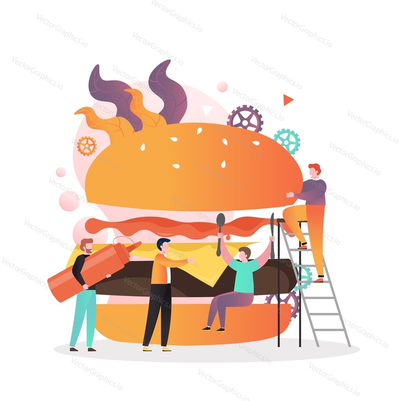 Mikro mužské postavy dělají obrovský lahodný hamburger nebo housku s mletým hovězím patty, sýrem, kečupem, vektorovou ilustrací. Rychlé občerstvení Restaurace obchodní složení pro webový banner, webové stránky atd.