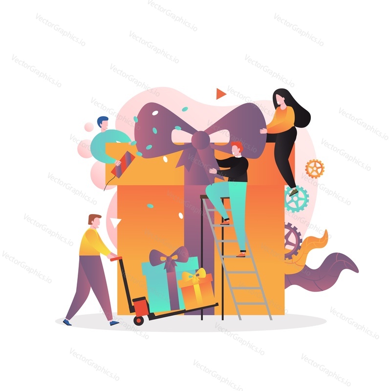Micro mužské a ženské postavy balení Obrovská dárková krabička s vázanou stuhou, vektorové ilustrace. Současný koncept pro webový banner, webovou stránku atd.
